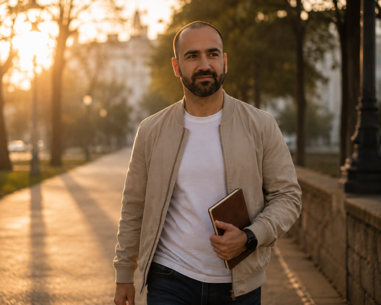 Toni Cornejo caminando al amanecer